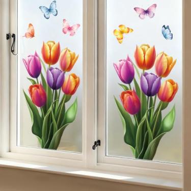 Imagem de Peacoblue Adesivo adesivo adesivo de janela estática dupla face para janelas de carro de vidro grandes, 1 folha de tulipas e borboletas 120 cm x 30 cm à prova d'água removível para decoração de sala