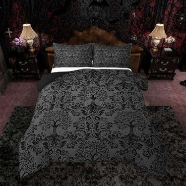 Imagem de Feelyou Conjunto de edredom gótico para adultos, King, verde-oliva escuro, damasco, árvore da vida, boêmio, gótico, vintage, barroco, floral, 3 peças