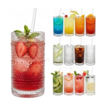 Imagem de Khen Copos Hobnail transparentes Highball com canudos | Conjunto de 12 | Copos altos texturizados com contas para suco de água, chá gelado, limonada, refrigerante, coquetel, barware, lava-louças