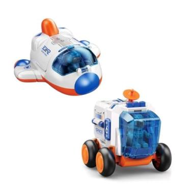 Imagem de Kit 2 Brinquedos Espaciais Infantis com Astronauta, Movimento por Fricção, Material Plástico, para Crianças acima de 3 Anos (Nave + Veículo Laranja)