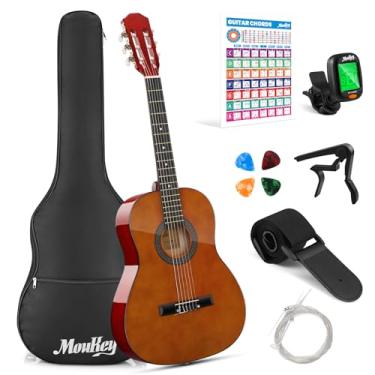 Imagem de Moukey Guitarra acústica 3/4 de 91,44 cm para jovens e adolescentes com pôster de acorde, sintonizador, cordas de nylon, capo, tecido, alça – Marrom