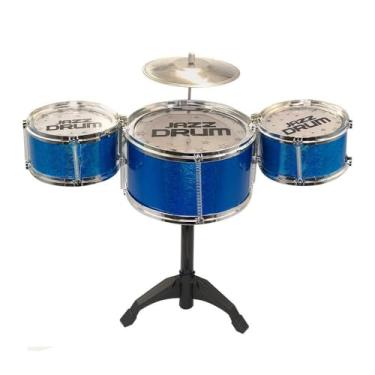 Imagem de Bateria Jazz Infantil com 3 Tambores e Par de Baquetas, Azul, Material PP e Papel, Inclui Prato, para Desenvolvimento Musical e Coordenação Motora