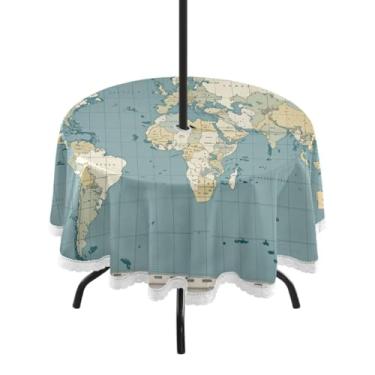 Imagem de Qilmy Toalha de mesa redonda impermeável do mapa do mundo de 152 cm com orifício para guarda-chuva e zíper – uso externo / interno resistente para pátio, churrascos, piqueniques, festas (serve para