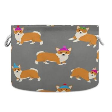 Imagem de JUZIHAI Cesto de armazenamento dobrável com estampa de cachorro fofo, cesto de roupa suja para bebê, cobertor com alças de corda de algodão, caixa organizadora de armário dobrável para quarto
