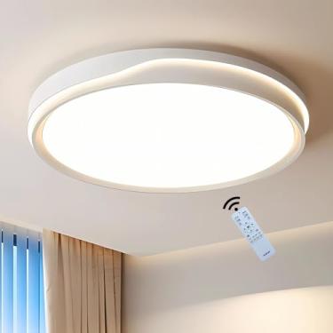 Imagem de Luminária de teto redonda moderna em LED com controle remoto, design geométrico, branca e dimerizável, ideal para sala de estar, quarto, sala de jantar, cozinha e iluminação residencial. Dim