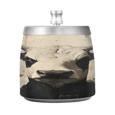 Imagem de Qilmy Cinzeiro de vaca de aço inoxidável com tampa - Cinzeiro de cigarro à prova de vento sem cheiro sem fumaça para casa, escritório, carro, pátio, varanda (uso interno e externo)