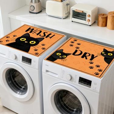 Imagem de GLOBLELAND 2 peças de gatos pretos com olhos amarelos lavadora e secadora capa contra poeira 60 × 23 cm almofadas protetoras superiores de máquina de lavar antiderrapantes para lavanderia, sala de