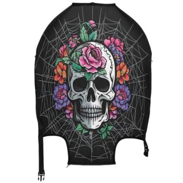 Imagem de Joisal Capas de bagagem de viagem para protetores de mala, anti-arranhões, crânio branco, flores, teia, preta, manga de bagagem de viagem para mulheres, Teia de flores de caveira branca preta, L, Fits