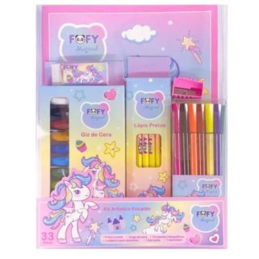 Imagem de Magical Kit Escolar Artístico Encanto, 33 Peças Conjunto de Arte Infantil com 6 Lápis Pretos 12 Giz de Cera 12 Canetas ponta fina 1 Caderno para Desenhos 1 Borracha 1 Apontador