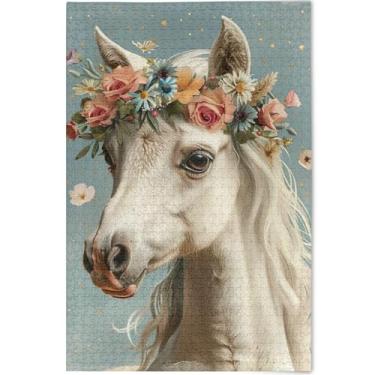 Imagem de Quebra-cabeça floral cavalo branco adulto 500 peças arte de jogo de brinquedo exclusivo jogo personalizado engraçado, 52 cm x 37,8 cm