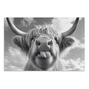 Imagem de Jigsaw 1000 quebra-cabeças para adultos decoração de arte animal personalizado difícil quebra-cabeça engraçado vaca highland preto família elefante branco presentes, 75 x 40 centímetros