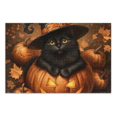 Imagem de Quebra-cabeça de gato bruxa preta abóbora 500 peças para adultos pintura de arte floral personalizada divertida família quebra-cabeça família amantes presentes, 51 x 35 centímetros
