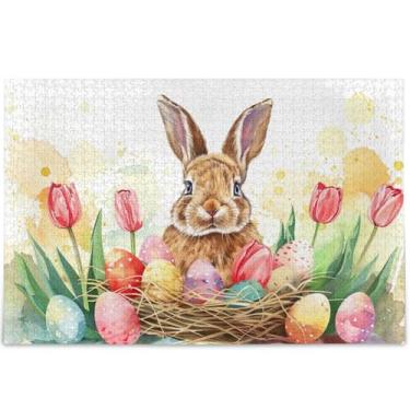 Imagem de Quebra-cabeça personalizada de coelho da Páscoa em aquarela 500 peças adultos elefante branco arte quebra-cabeças duros brinquedo de arte, 52 cm x 37,8 cm