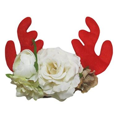 Imagem de Petitebella Tiara de rena com chifres de rosas para crianças (vermelha, tamanho único)