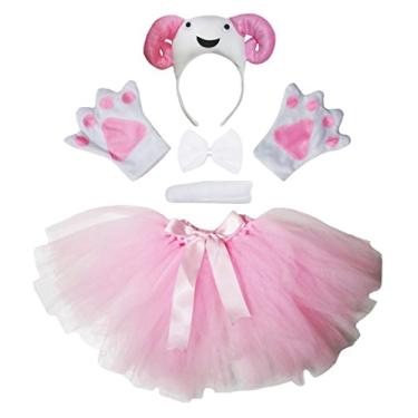 Imagem de Petitebella Tiara de ovelha rosa 3D com laço e luva de gravata borboleta, fantasia feminina 5 peças, rosa, tamanho �nico