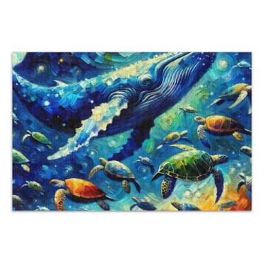Imagem de Quebra-cabeça adulto 500 peças, baleia azul, tartarugas marinhas coloridas, presentes de elefante branco, arte engraçada para adultos, quebra-cabeça de arte animal, 51 x 35 cm