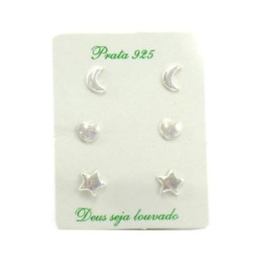 Imagem de Conj. 3 Brincos Prata Legítima 925 Coração Lua Estrela - Lojas La&Amp;