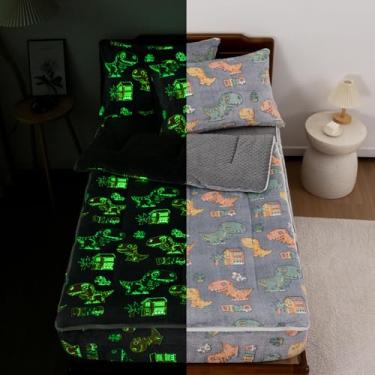 Imagem de NTBED Jogo de cama solteiro com zíper que brilha no escuro para crianças, meninos, dinossauros felpudos, com lençol com elástico