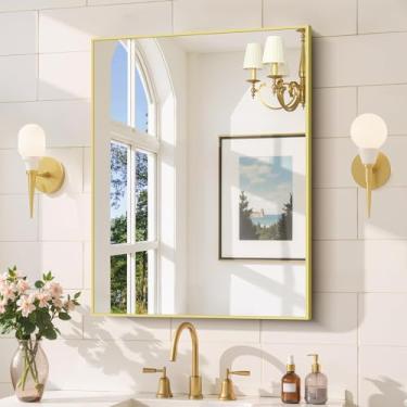 Imagem de COFENY Espelho de banheiro dourado para parede, retangular de 61 x 81 cm com moldura de metal, penteadeira moderna para banheiro, sala de estar, entrada pendurada horizontal ou vertical