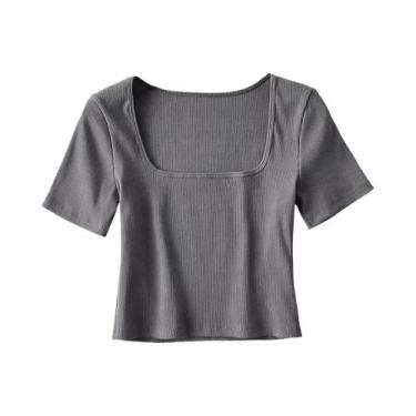 Imagem de T-shirt de manga curta feminina, top curto com gola quadrada - Dozw, B