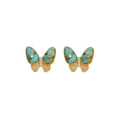 Imagem de Brincos de borboleta turquesa azul retrô bonitos para mulheres boho, brincos de oeste, banhados a ouro 18 k, imitação de pérolas, borboletas, zircônia cúbica, joias modernas, vintage, presentes de