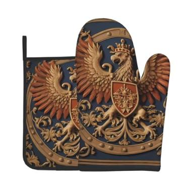 Imagem de Conjunto de luvas de forno Heraldic Griffin impresso para cozinha, conjunto de 2 peças, adequado para cozinhar, assar e grelhar ao ar livre