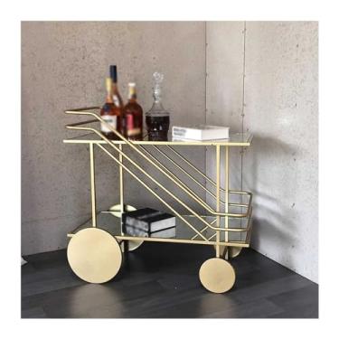 Imagem de Carrinho utilitário Bar e carrinho de servir Barra rolamento moderna, ilha bar cozinha vidro metal 2 camadas com rodas, prateleira café/vinho para armazenamento movimento(Gold,X-Large)