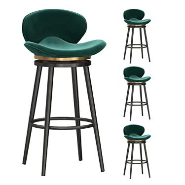Imagem de Conjunto de 4 banquetas giratórias de 360 graus, cadeiras de bar de veludo com altura de bar com pernas de metal preto e apoio para os pés, cadeiras modernas de bar com encosto baixo para cozinha, pub