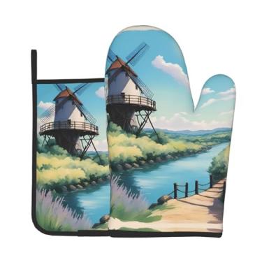 Imagem de Lindo conjunto de luvas de forno com estampa de ponte para cozinha, conjunto de 2 peças, adequado para cozinhar, assar e grelhar ao ar livre