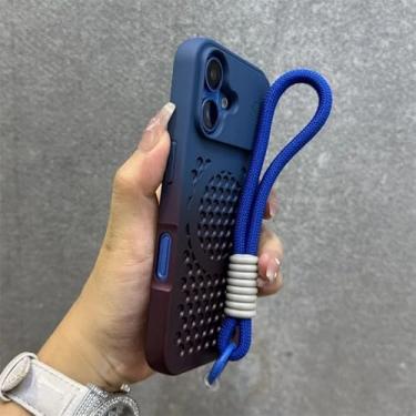 Imagem de Capa magnética com gradiente de dissipação de calor para iPhone 16, 15, 14, 13, 12 Pro Max, 16 Plus e 11, com cordão para pulso, nas cores azul e vermelho (GS), compatível com iPhone 15 Plus.