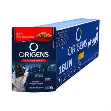 Imagem de Kit 18 Ração Úmida Sachê Origens Cães Adulto Filhotes 85g, Carne e Abo
