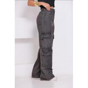 Imagem de calça feminina wide leg cargo jeans 4 bolsos na perna - Kf, Grafite, 3
