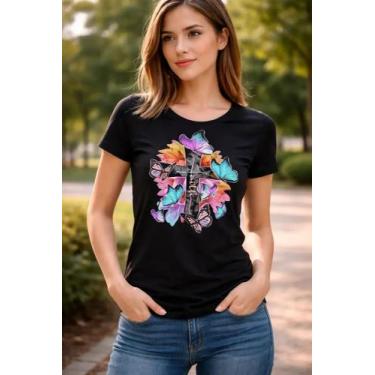Imagem de Camiseta baby look feminina fé cruz sagrada algodão - Dog's, Preto, G2