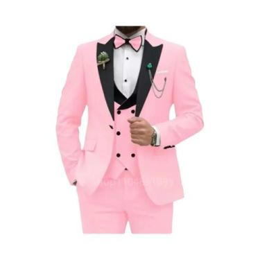 Imagem de Terno Slim Fit Rosa Vermelho 3 Peças Masculino: Blazer Transpassado, C