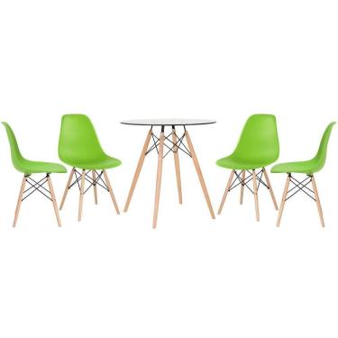 Imagem de Mesa Redonda Eames Com Tampo De Vidro 70 Cm + 4 Cadeiras Eiffel Dsw Verde Claro