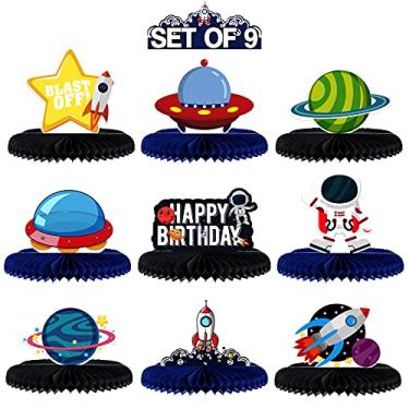 Imagem de LINGTEER Mesa de aniversário do espaço sideral centro de mesa de favo de mel – 9 peças tema astronauta solay sistema placa de decoração de festa de feliz aniversário.