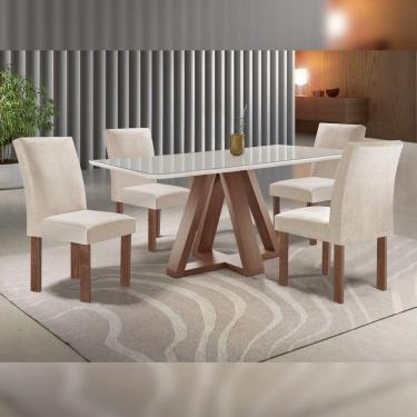 Imagem de Conjunto Mesa Tampo Smart Plus Vidro Kyra 120cmx90cm 4 Cadeiras Canela Chocolate/Off White/Suede Bege