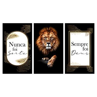 Imagem de Kit 3 Quadros Decorativos com MOLDURA Nunca Foi Sorte Sempre Foi Deus Leão de Judá