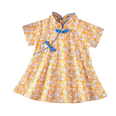Imagem de Macacão infantil infantil infantil com estampa de desenhos animados e patchwork Cheongsam Princess Dress Outfits Inverno, Amarelo, 12-24 Months