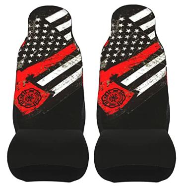 Imagem de Teery-YY Capas de assento de carro padrão de machado de bombeiro de linha vermelha fina dos EUA, 2 peças, capa protetora de assento dianteiro, decoração automotiva universal para a maioria dos