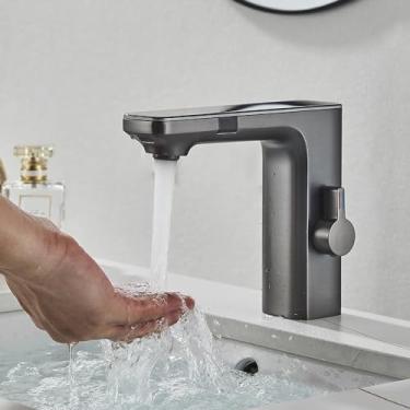 Imagem de Torneira de lavatório Torneira inteligente, visor digital de temperatura LED torneira de lavatório com sensor inteligente de sensor duplo, torneira misturadora de água quente e fria (cor: cinza)