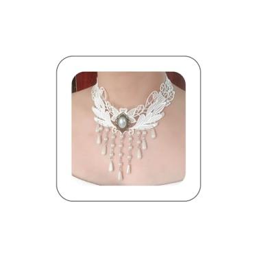 Imagem de Andelaisi Boho Colar gargantilha de renda branca com franja branca, gargantilha, gótico, drapeado, cristal, renda, vintage, colar de gota de água, joia para mulheres e meninas (estilo A, Metal Renda