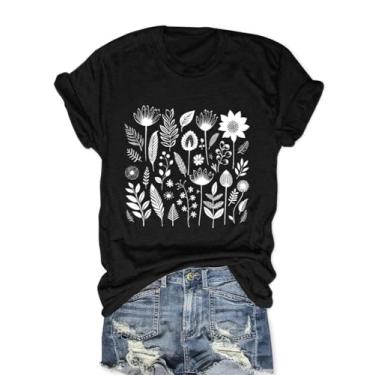 Imagem de Camiseta feminina de flores silvestres boho, botânica, cottagecore de manga curta, estampada, camisetas, G - preto, XXG