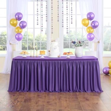 Imagem de Leegleri Saia de mesa plissada de poliéster roxo de 4,3 m para mesa retangular, toalha de mesa tutu com babados para chá de bebê, casamento, festa de aniversário, revelação de gênero, mesas de bolo de