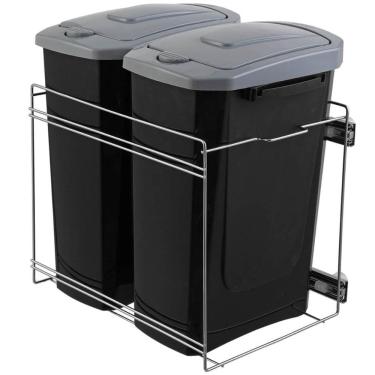 Imagem de Lixeira Dupla de Cozinha 15L Deslizante Preta Masutti Corrediças Embutir Armário