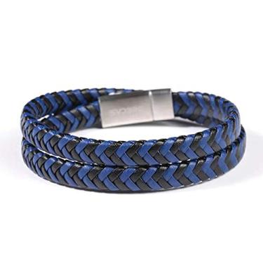 Imagem de Pulseira de contas de couro, pulseira de edição de 2 camadas, fivela magnética de aço inoxidável, pulseira masculina azul