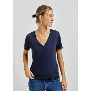 Imagem de Blusa Básica Feminina Manga Curta Decote V - Hering, P, Azul escuro