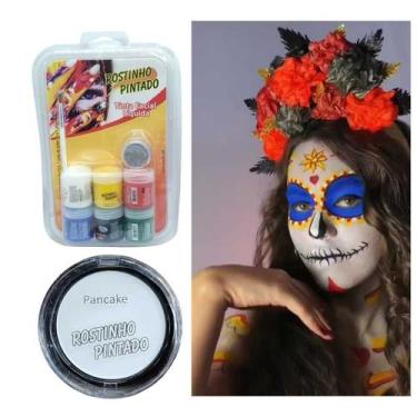 Imagem de Kit Tinta Maquiagem Artística Facial Caveira Frida Halloween - Rostinh