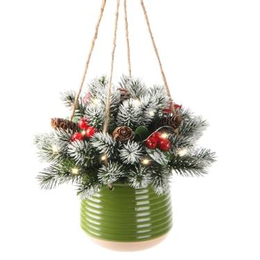 Imagem de Cesta de Natal artificial para pendurar, árvore de Natal pequena de 43 cm, árvore de Natal flocada de neve com pinhas e cachos de frutas silvestres para varanda, jardim, pátio, decoração de Natal ao