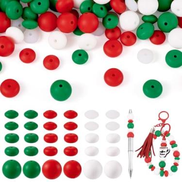 Imagem de Craftdady 90 peças de contas focais redondas de silicone de 15 mm para fabricação de chaveiros, contas de lentilha de silicone de 12 mm, contas de rondelle de borracha verde, vermelho e branco, contas